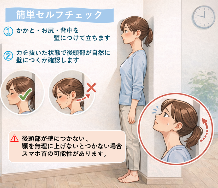 スマホ首の簡単セルフチェック（壁チェック）の方法イラスト