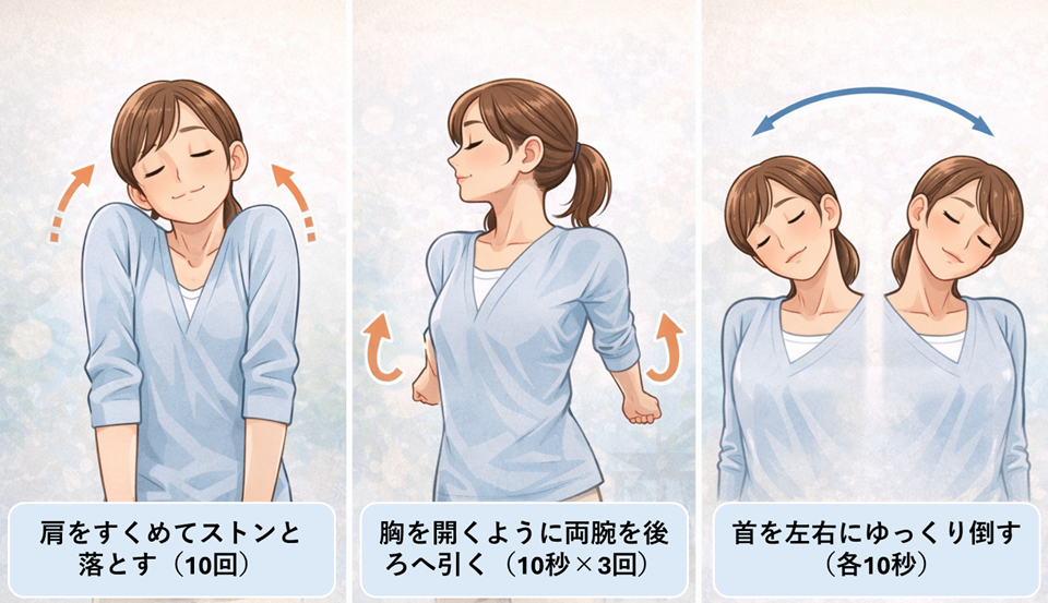 スマホ首のかんたんストレッチイラスト